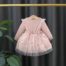 vestido de manga comprida infantil, cor sólida, emenda, dois arcos, flor - Shopmix