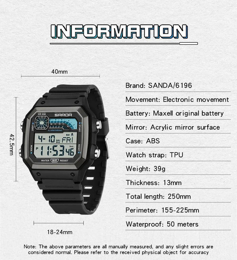 RELÓGIO SANDA 6196 Esporte Clássico Eletrônico Night Glow À Prova D 'Água - Shopmix