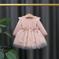 vestido de manga comprida infantil, cor sólida, emenda, dois arcos, flor - Shopmix