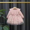 vestido de manga comprida infantil, cor sólida, emenda, dois arcos, flor - Shopmix