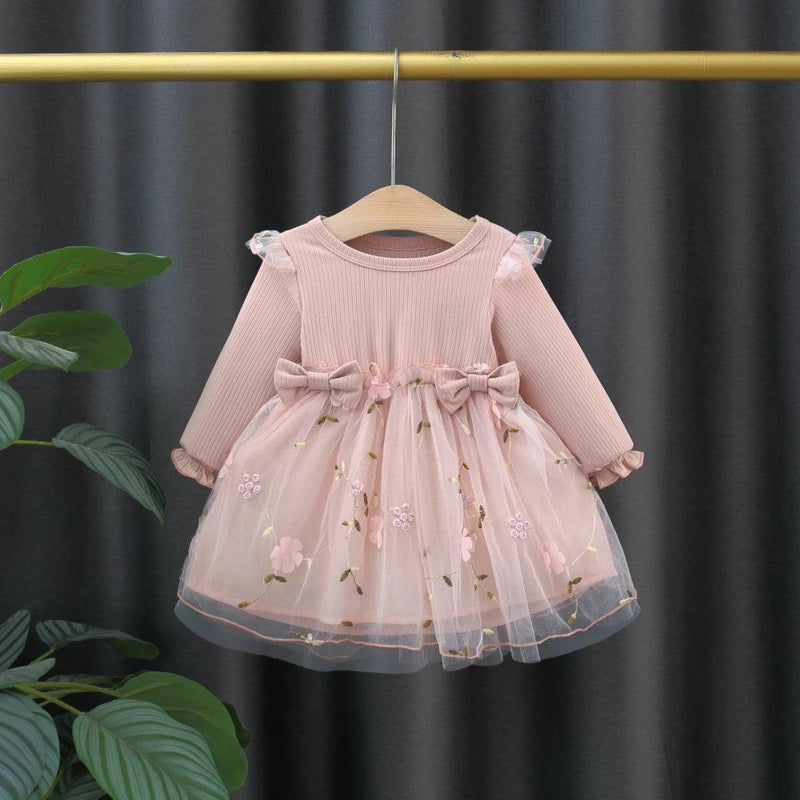 vestido de manga comprida infantil, cor sólida, emenda, dois arcos, flor - Shopmix