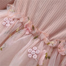 vestido de manga comprida infantil, cor sólida, emenda, dois arcos, flor - Shopmix