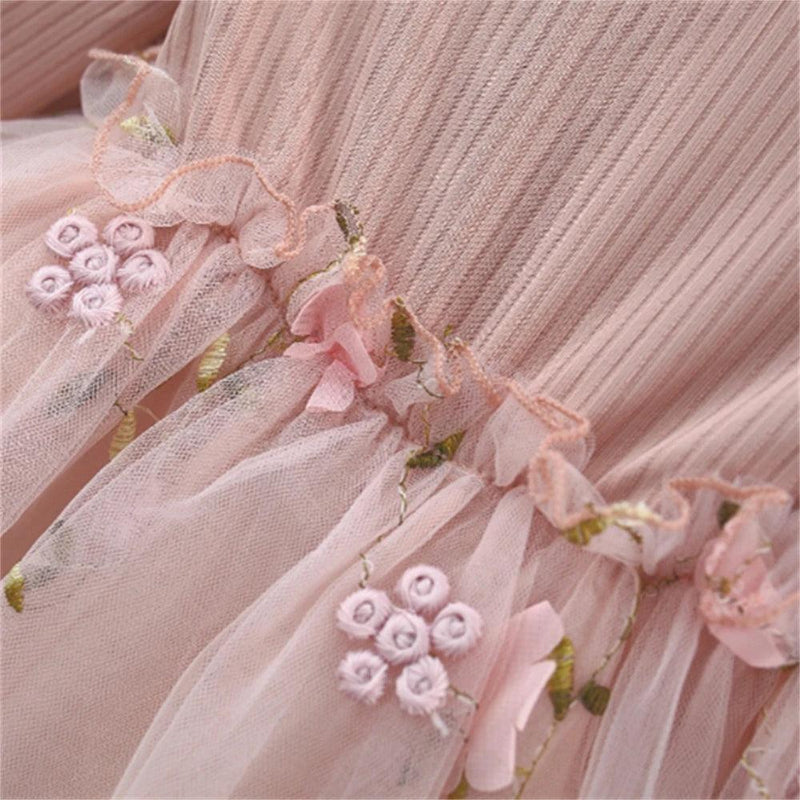 vestido de manga comprida infantil, cor sólida, emenda, dois arcos, flor - Shopmix