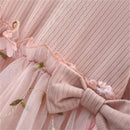 vestido de manga comprida infantil, cor sólida, emenda, dois arcos, flor - Shopmix