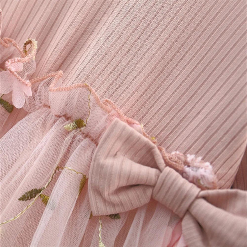 vestido de manga comprida infantil, cor sólida, emenda, dois arcos, flor - Shopmix