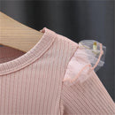 vestido de manga comprida infantil, cor sólida, emenda, dois arcos, flor - Shopmix