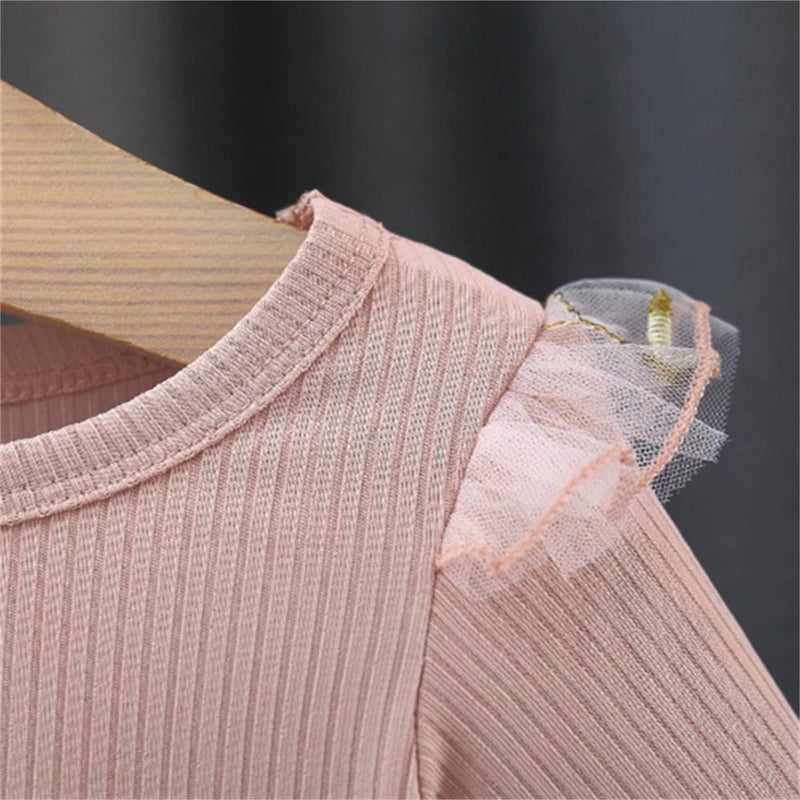 vestido de manga comprida infantil, cor sólida, emenda, dois arcos, flor - Shopmix