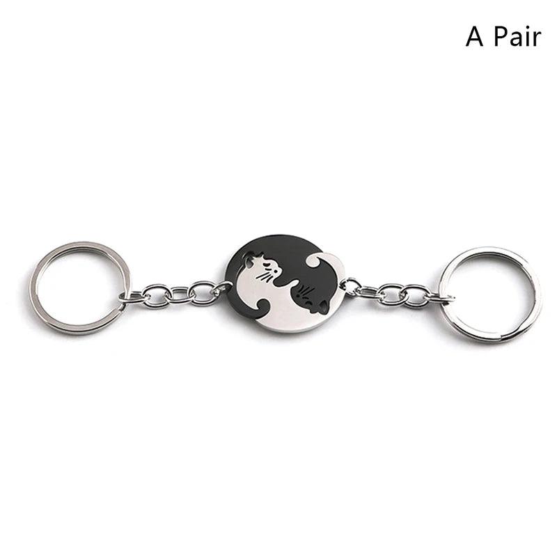 Chaveiro de gato preto retalhos, casal aço inoxidável. - Shopmix