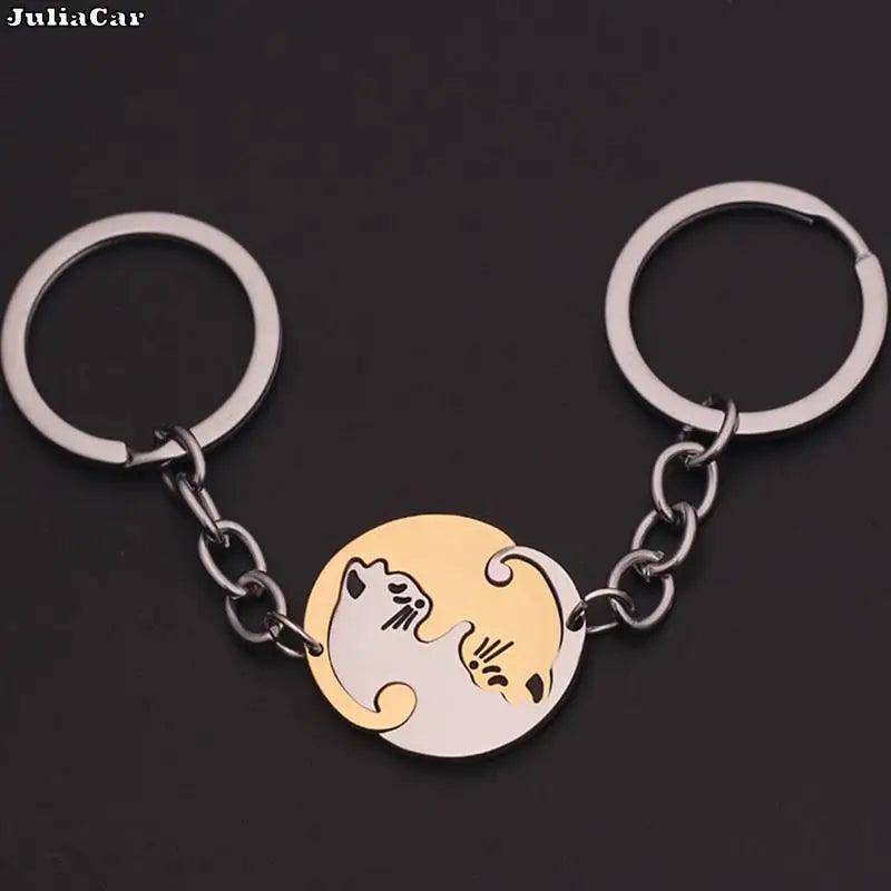 Chaveiro de gato preto retalhos, casal aço inoxidável. - Shopmix