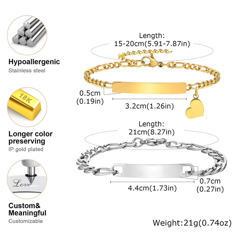 Vnox Custom Valentines Day Gift Jewelry for Couples, Love Promise Bracelets for Women Men, Heart Charm Figaro Chain Bracelets - Shopmix