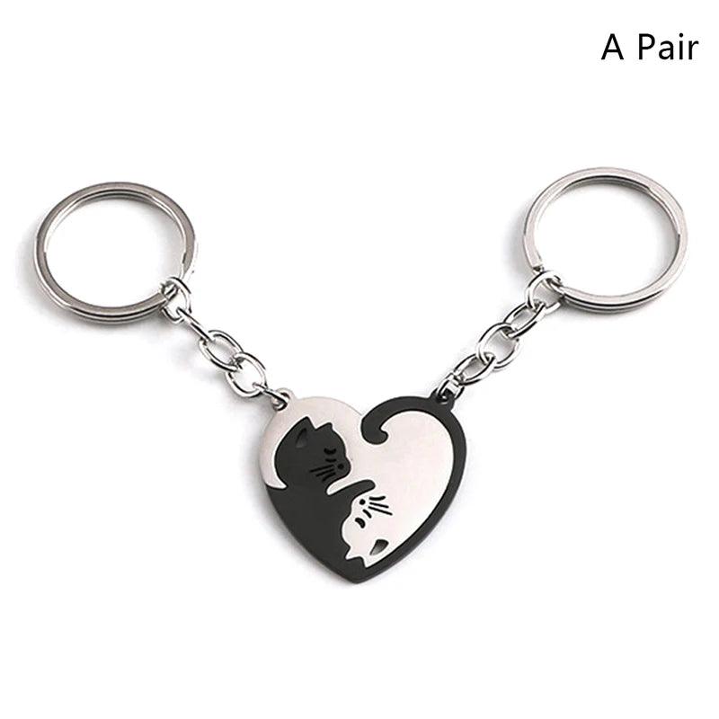 Chaveiro de gato preto retalhos, casal aço inoxidável. - Shopmix