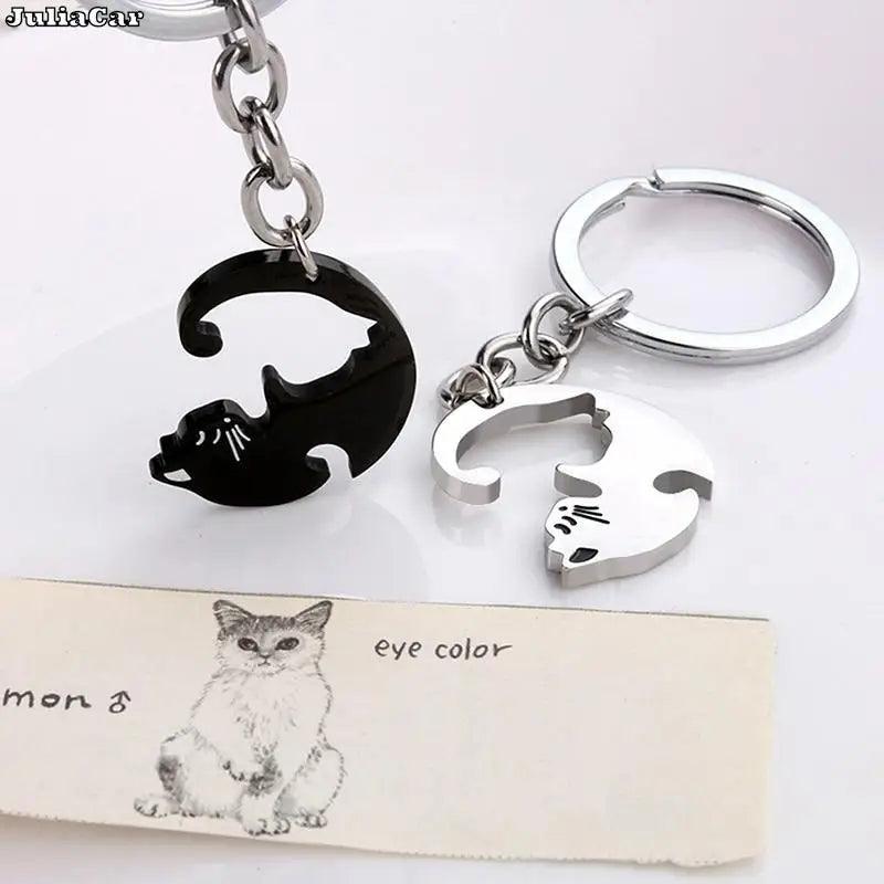 Chaveiro de gato preto retalhos, casal aço inoxidável. - Shopmix
