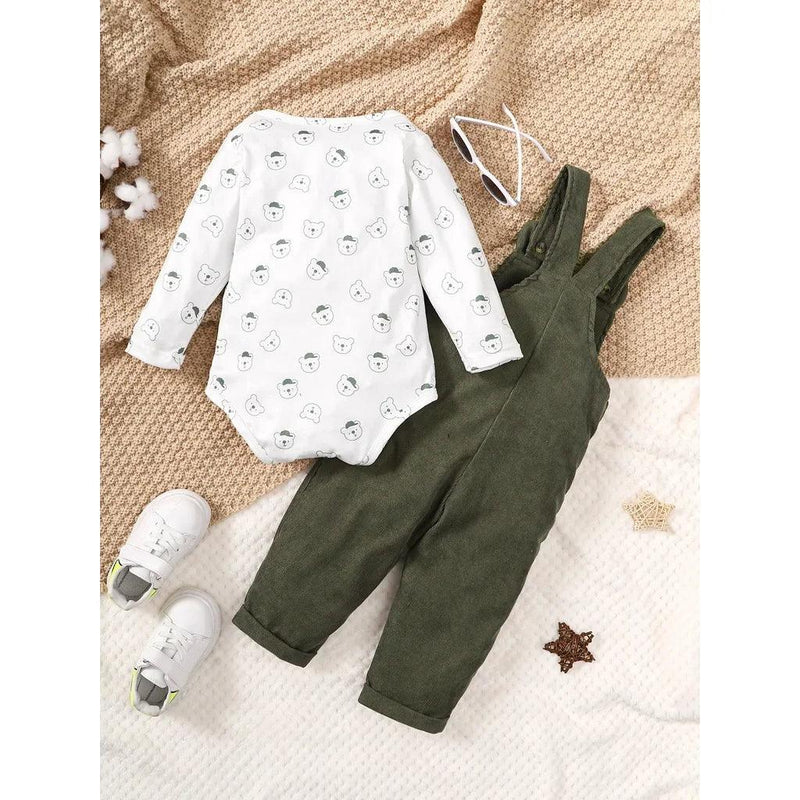 conjunto de roupas urso impressão bodysuit com verde - Shopmix