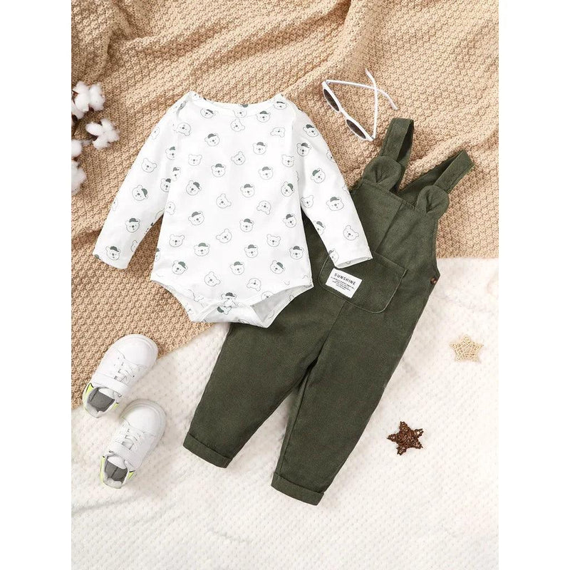 conjunto de roupas urso impressão bodysuit com verde - Shopmix